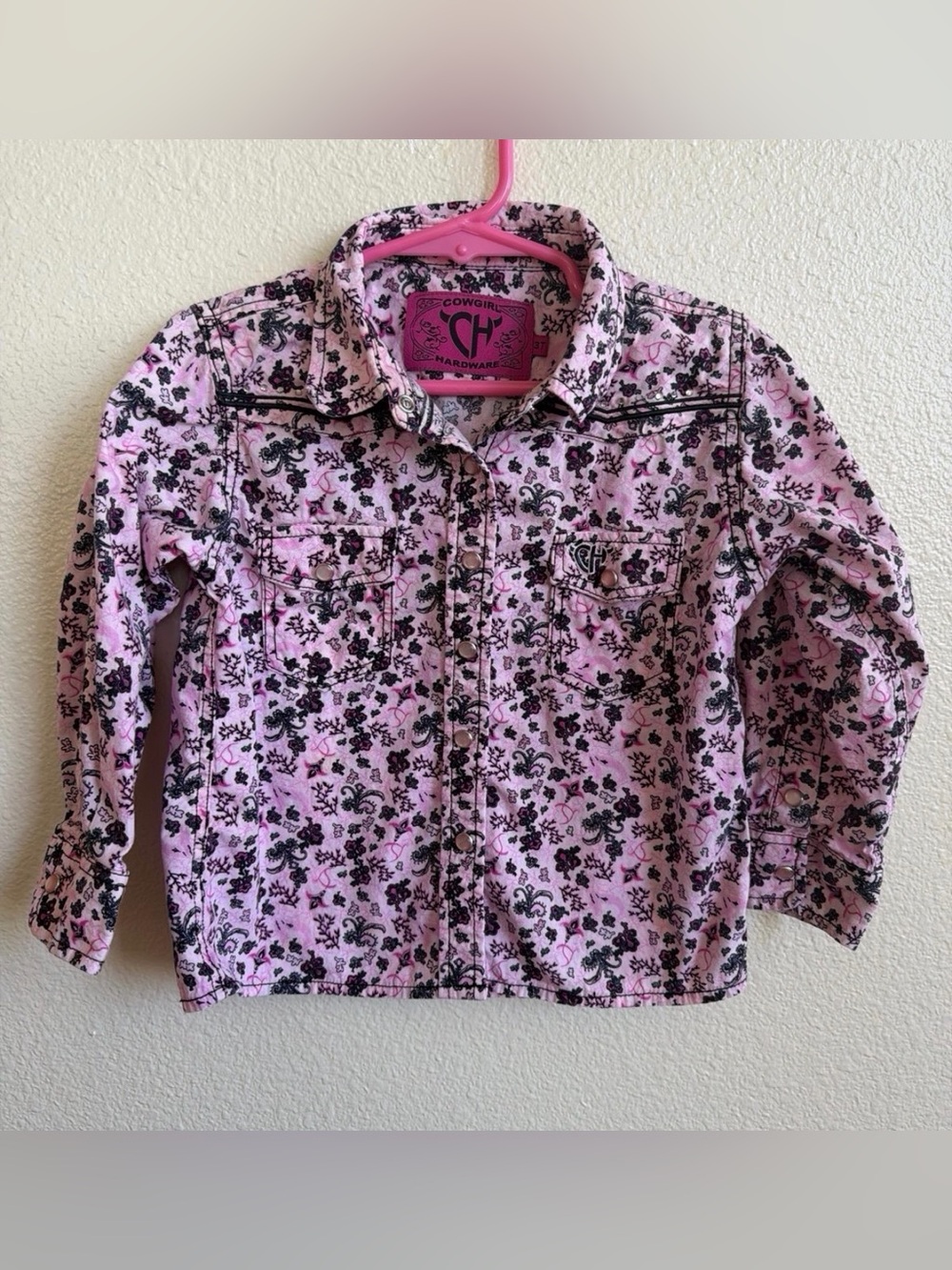Cowgirl Hardware Pink Floral Button Down Rhinestone Long Sleeve Shirt